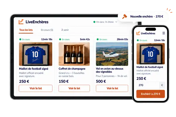Aperçu d’une vente LiveEnchères sur ordinateur et téléphone.
